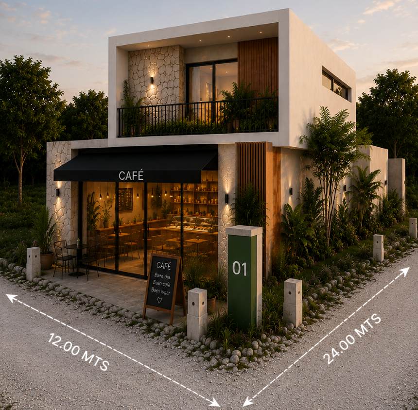 Render de un café con vivienda en un lote esquina de 12 por 24 metros