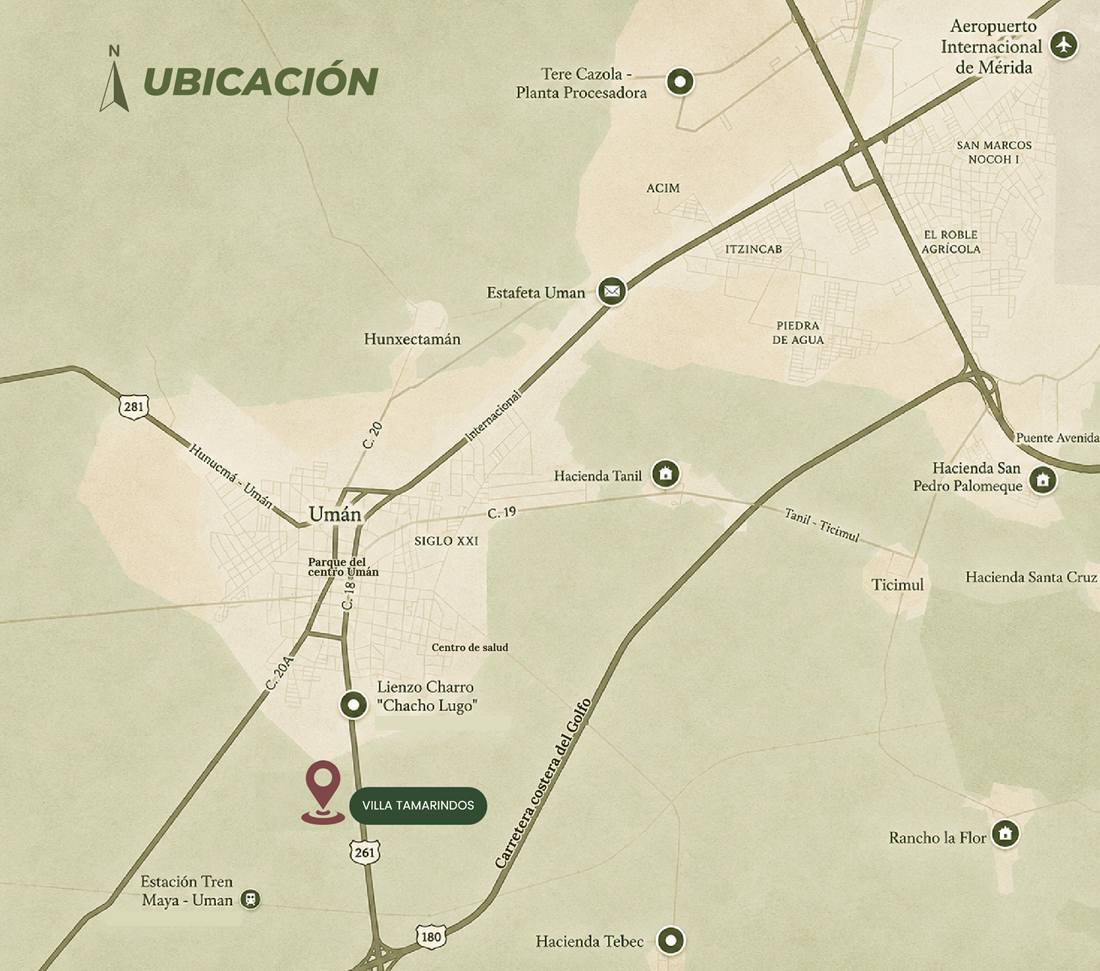 Mapa de ubicación: Villa Tamarindos sobre la carretera 261 en Umán, cerca de la estación del Tren Maya y del Aeropuerto Internacional de Mérida